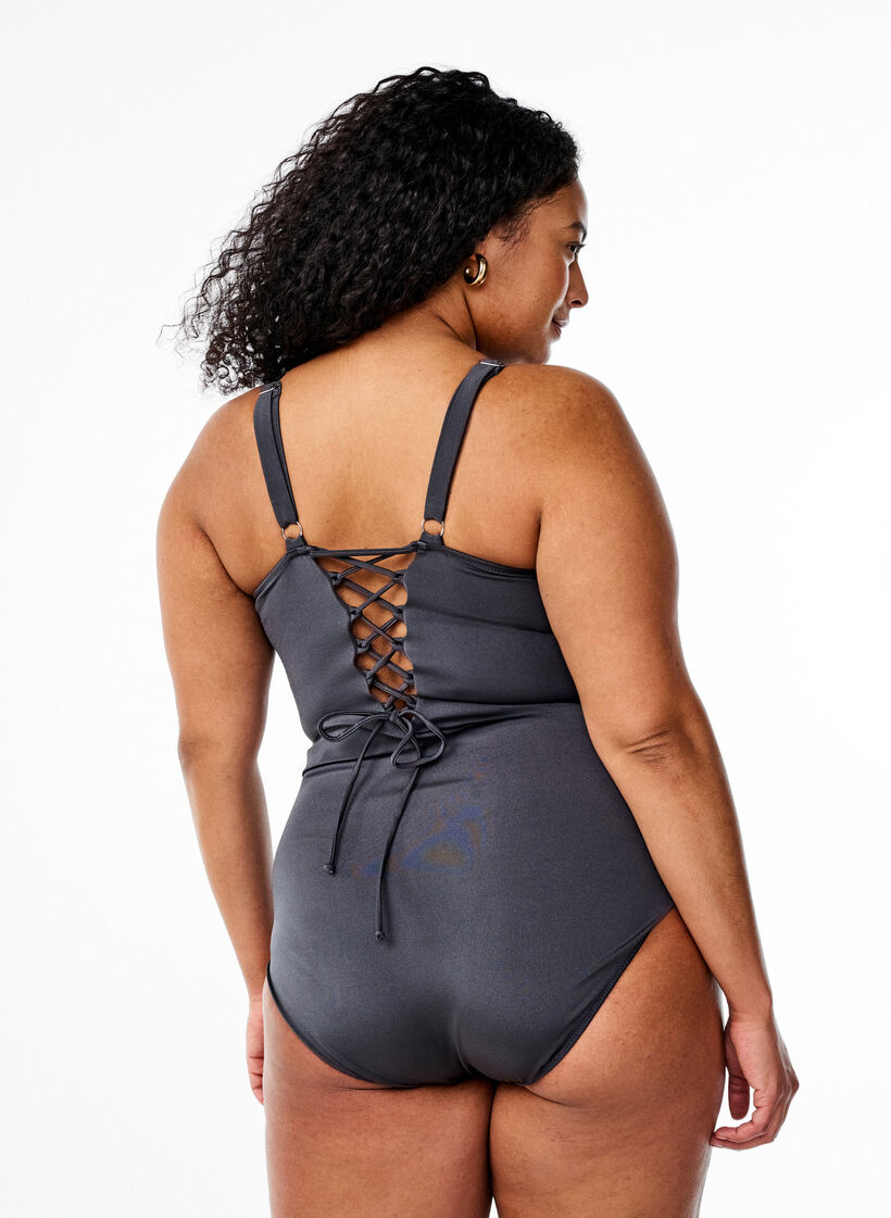 Swimsuit with lace-up detail, Dark Grey, Model image number 1