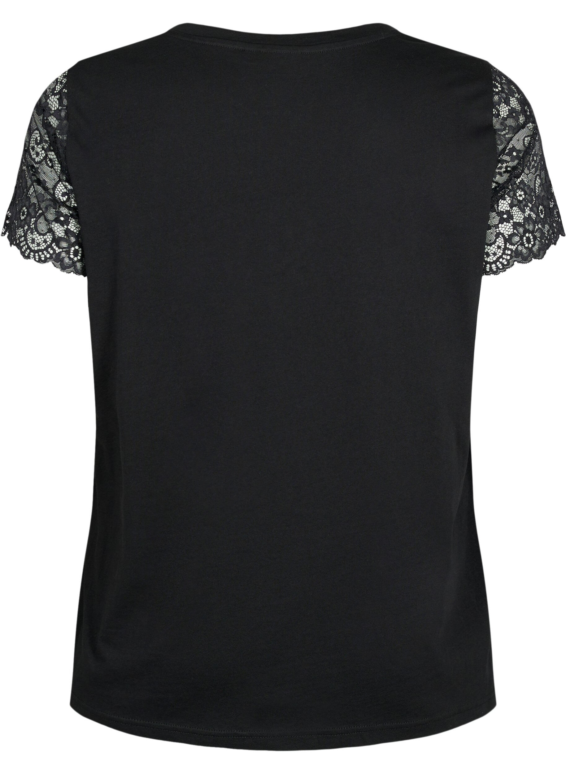 Zizzifashion Cotton T-shirt with short lace sleeves, Black, Packshot image number 1
