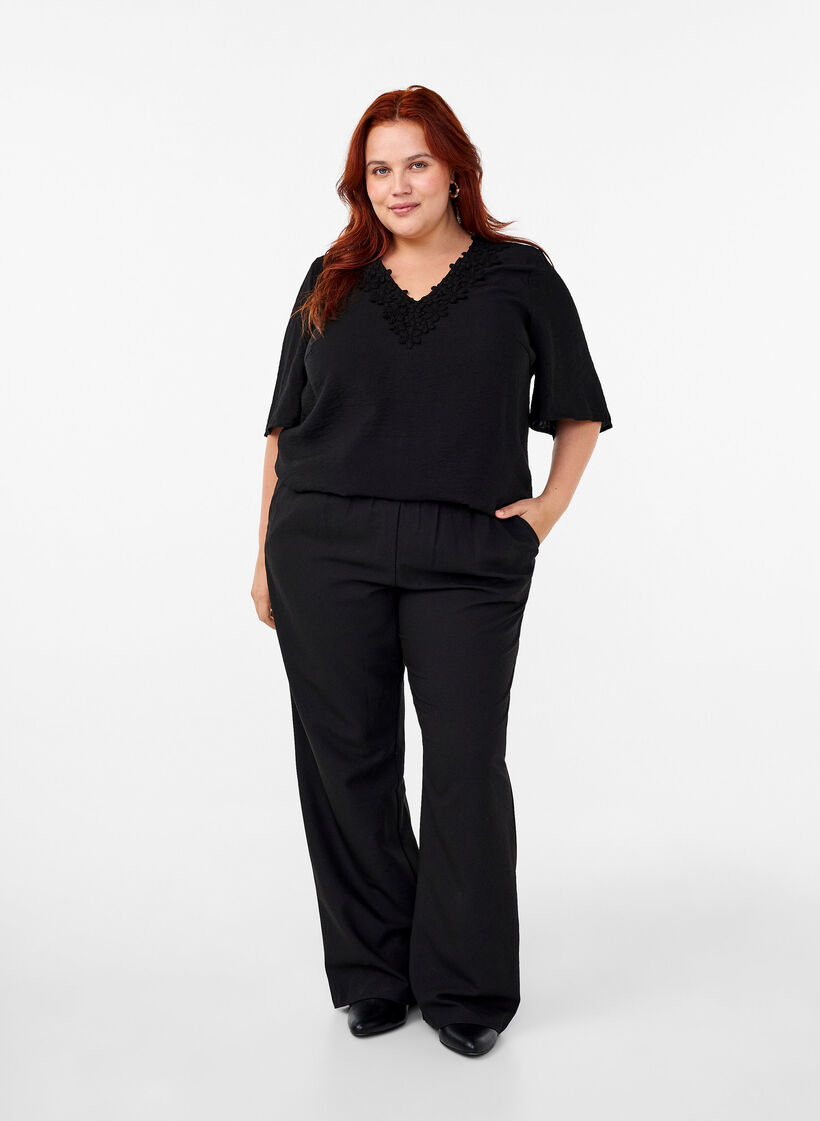 Viscose blouse with v-neck and embroidery detail, Black, Model image number 1