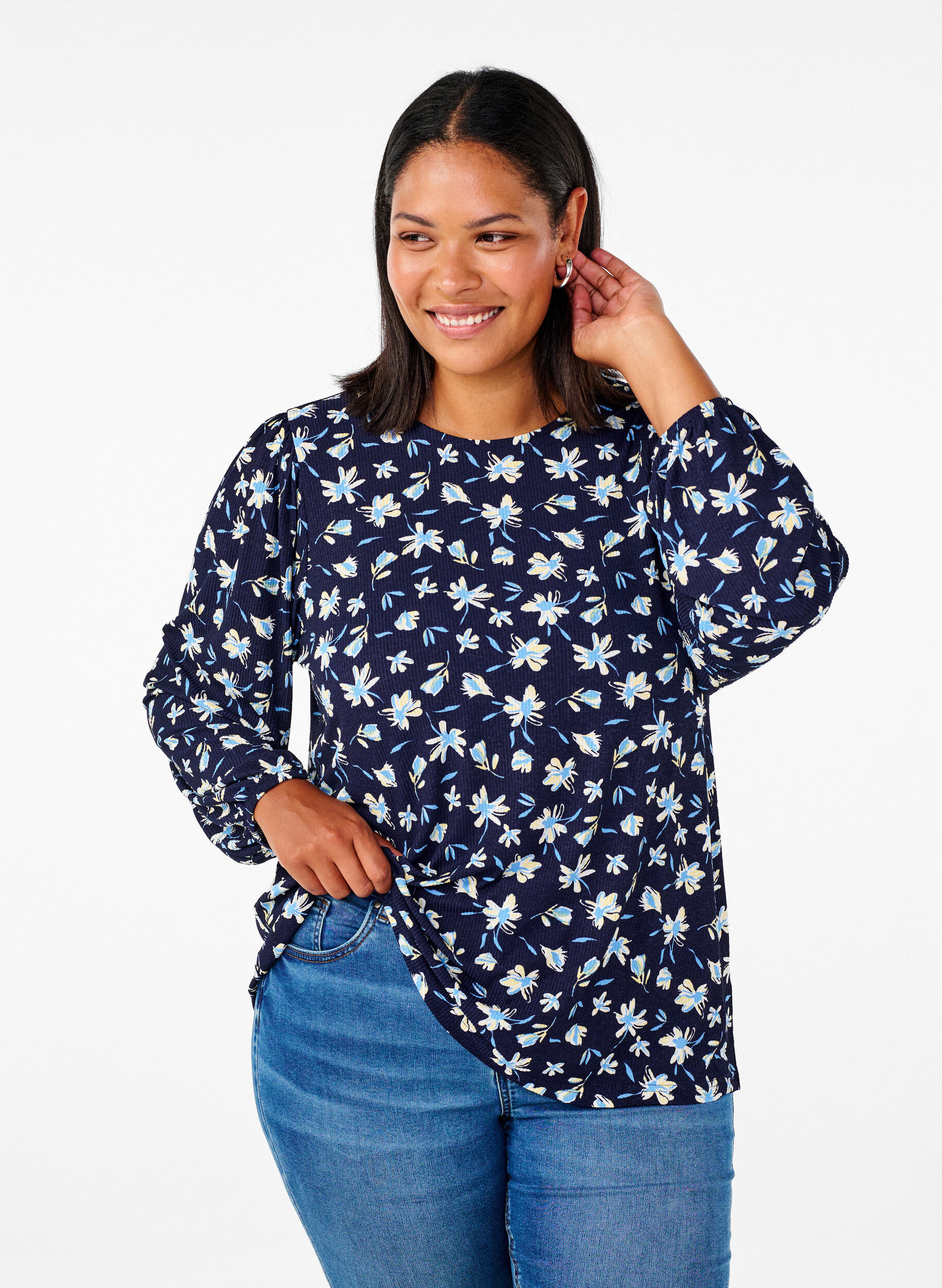 Zizzifashion Blouse with long sleeves and floral print, Blue, Model image number 0
