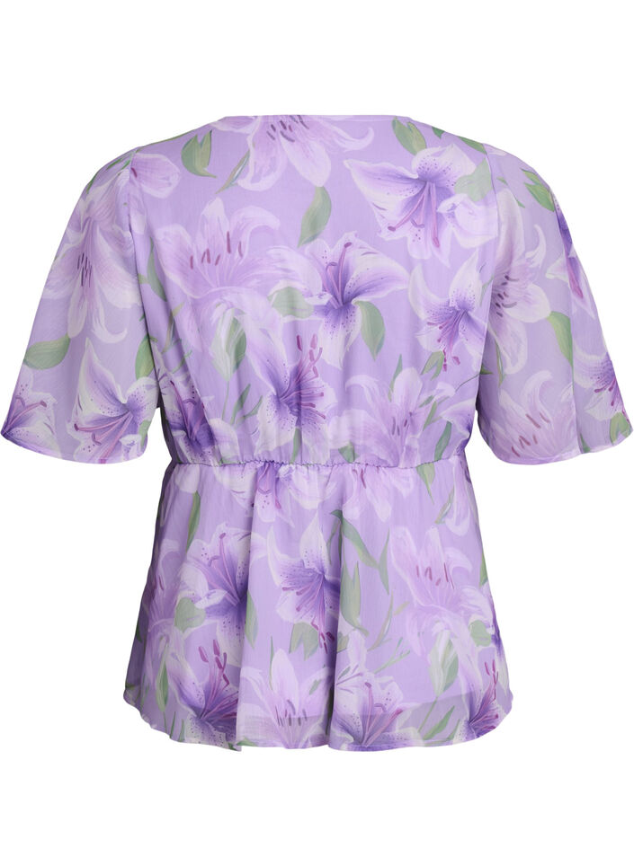 Floral chiffon blouse with short sleeves, Purple, Packshot image number 1