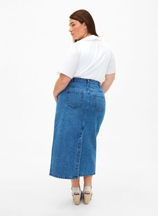 Midi-length denim skirt with back slit, Denim Blue, Model image number 1
