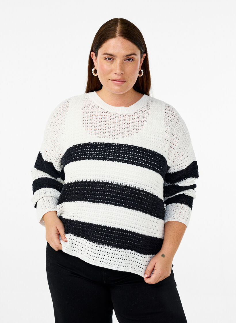 Long-sleeved striped knitted blouse, Vanilla, Model image number 0