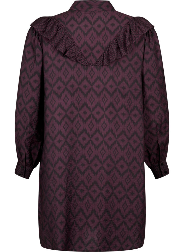 Long viscose shirt with print and frills, Winetasting w. Black, Packshot image number 1