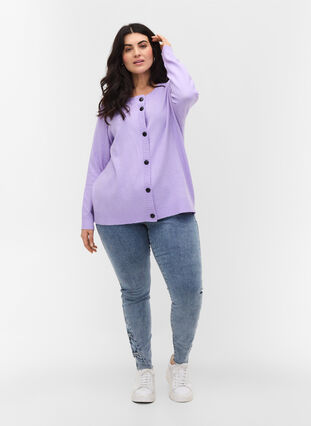 Short knitted cardigan with contrast-colour buttons, Purple Rose Mel., Model image number 2