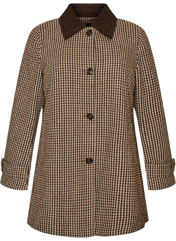 Checked coat with corduroy collar, Brown, Packshot