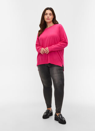 Knitted ribbed sweater with slit, Fuchsia Purple, Model image number 2