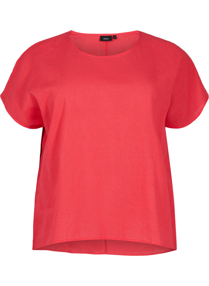 Short-sleeved blouse in cotton blend with linen, Hibiscus, Packshot image number 0