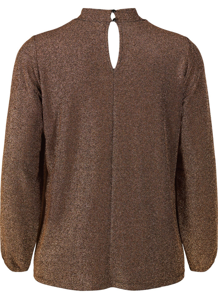 Long-sleeved glitter blouse with round neck and V-detail, Black Copper, Packshot image number 1
