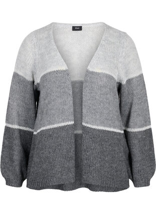Knit cardigan with stripes and balloon sleeves, Dark Grey Mel Comb, Packshot image number 0