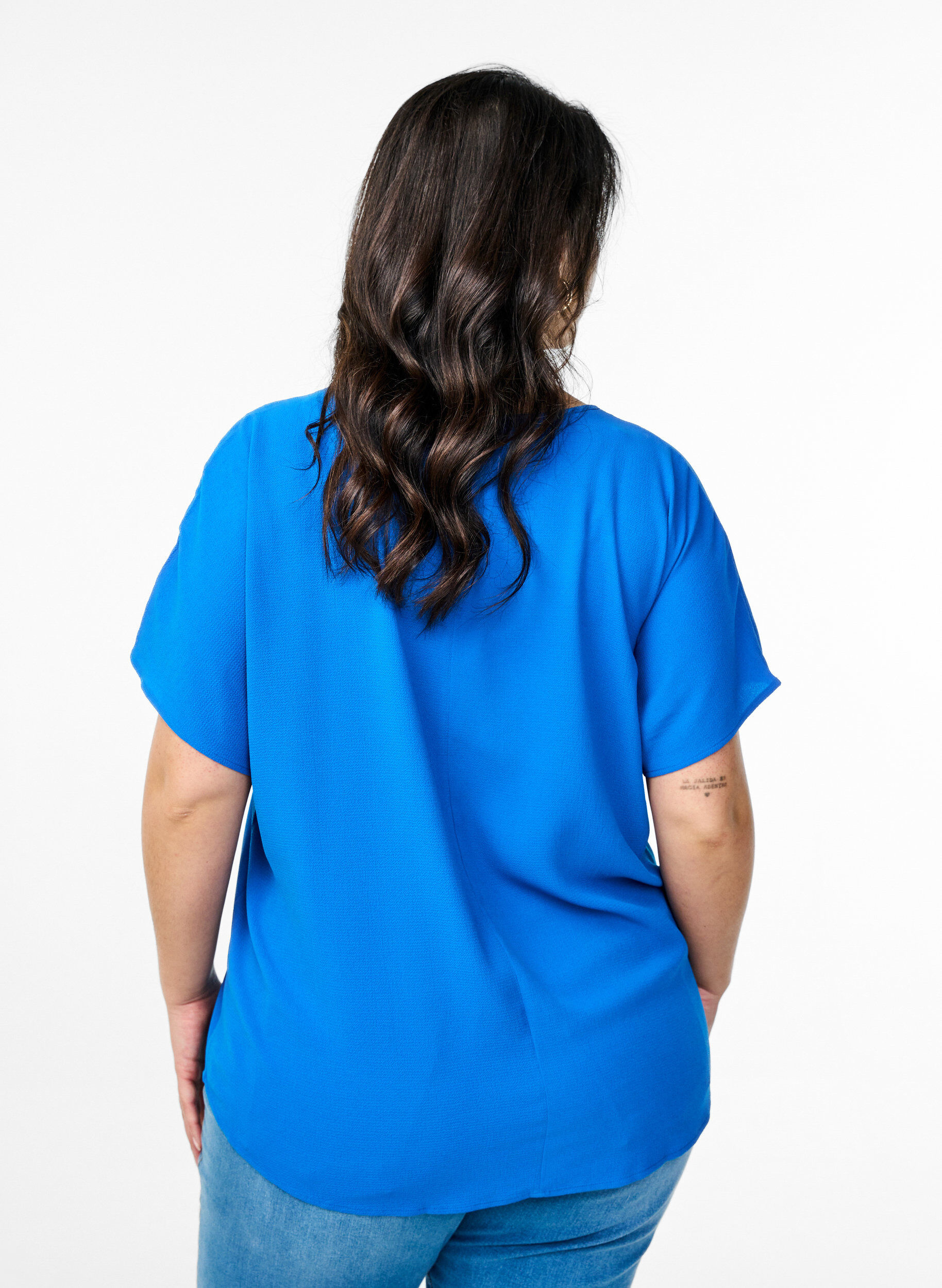 Zizzifashion Blouse with short sleeves and a round neckline, Blue, Model image number 2