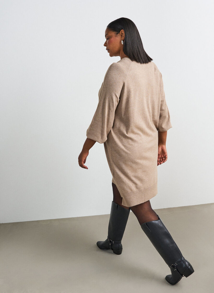 Short knitted dress with raglan sleeves and a centre seam, Beige, Model image number 2