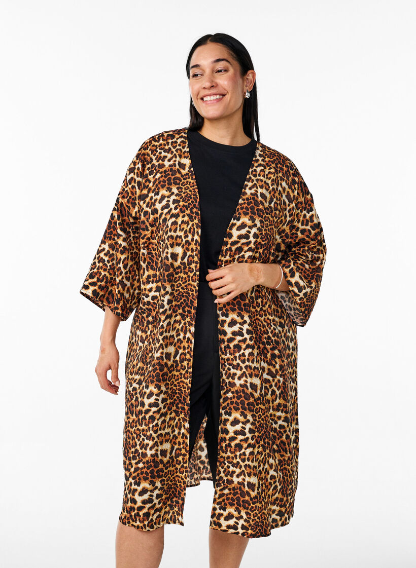 Viscose kimono with 3/4 sleeves, Brown, Model image number 0