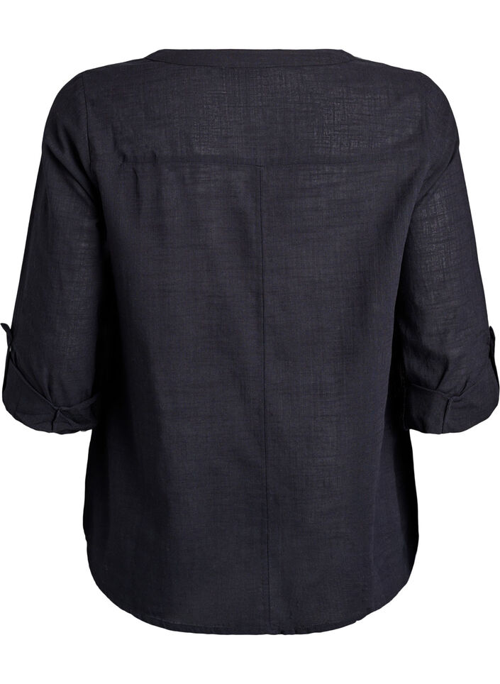 Cotton shirt blouse with V-neck, Black, Packshot image number 1