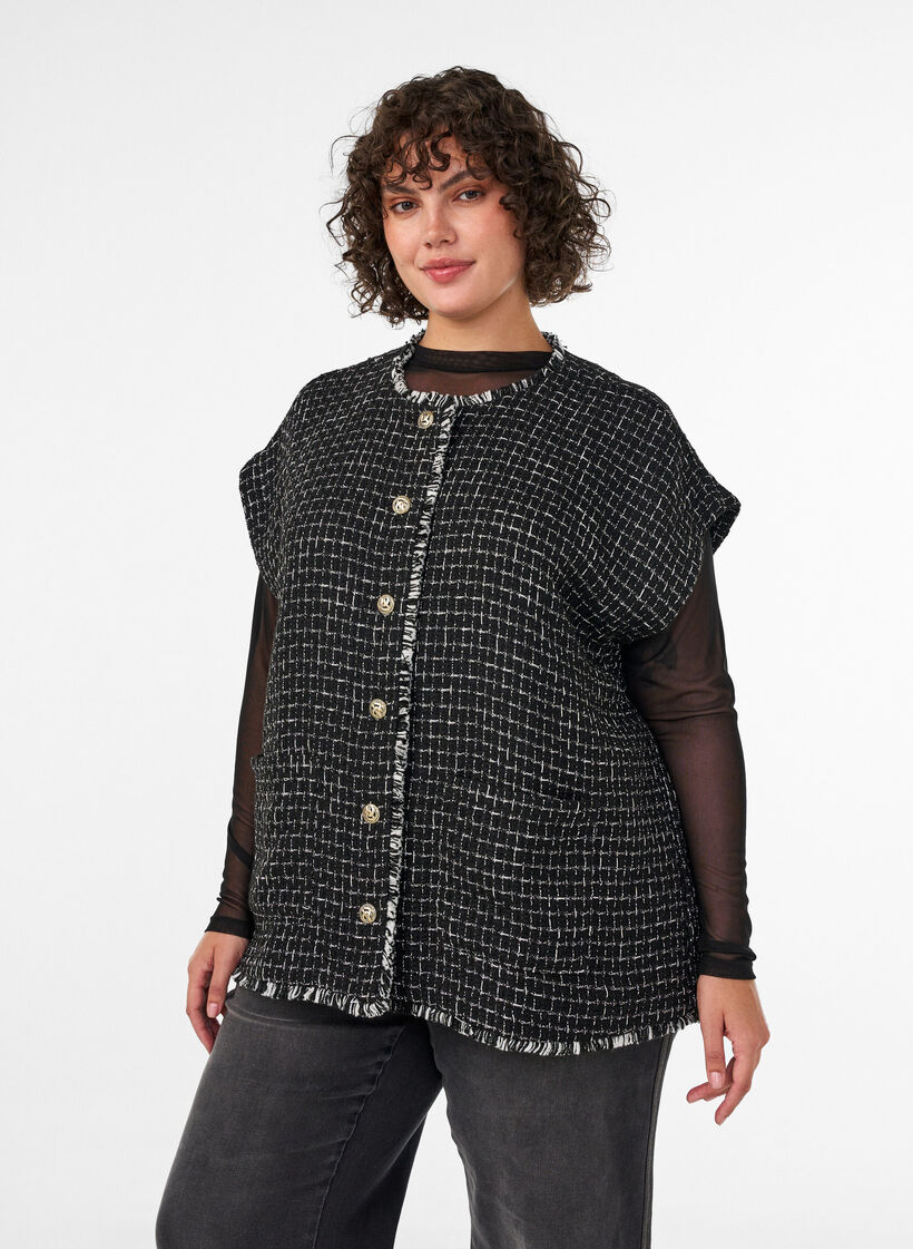 Checked waistcoat with decorative buttons, Black, Model image number 0