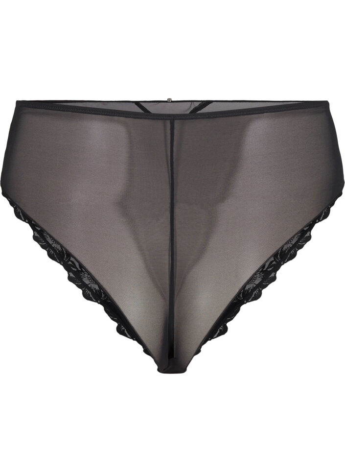 Mesh Brazilian panties with embroidery, Black, Packshot image number 1