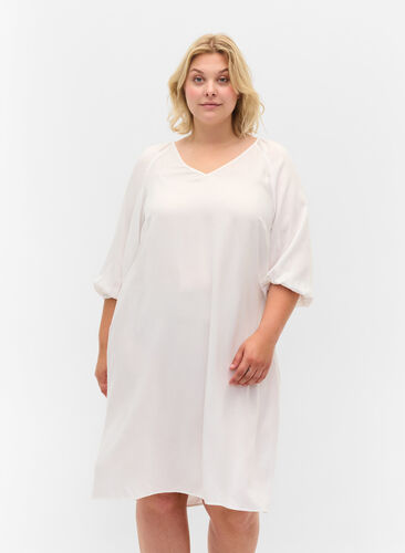 Viscose dress with v-neck, Bright White, Model image number 0
