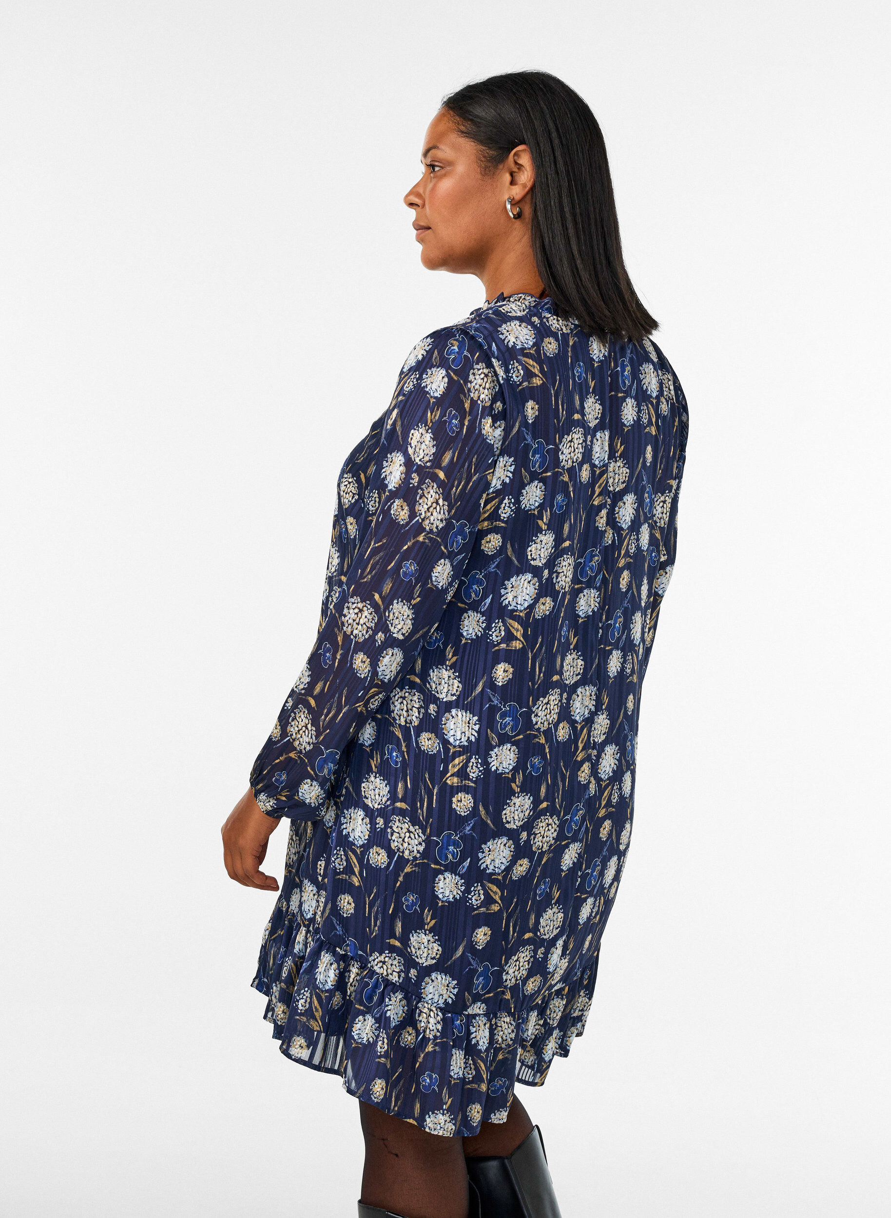 ZizzifashionPatterned dress with ruffles and long sleeves, Blue, Model image number 2