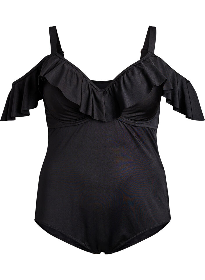 Swimsuit with underwire and ruffle trim, Black, Packshot image number 0