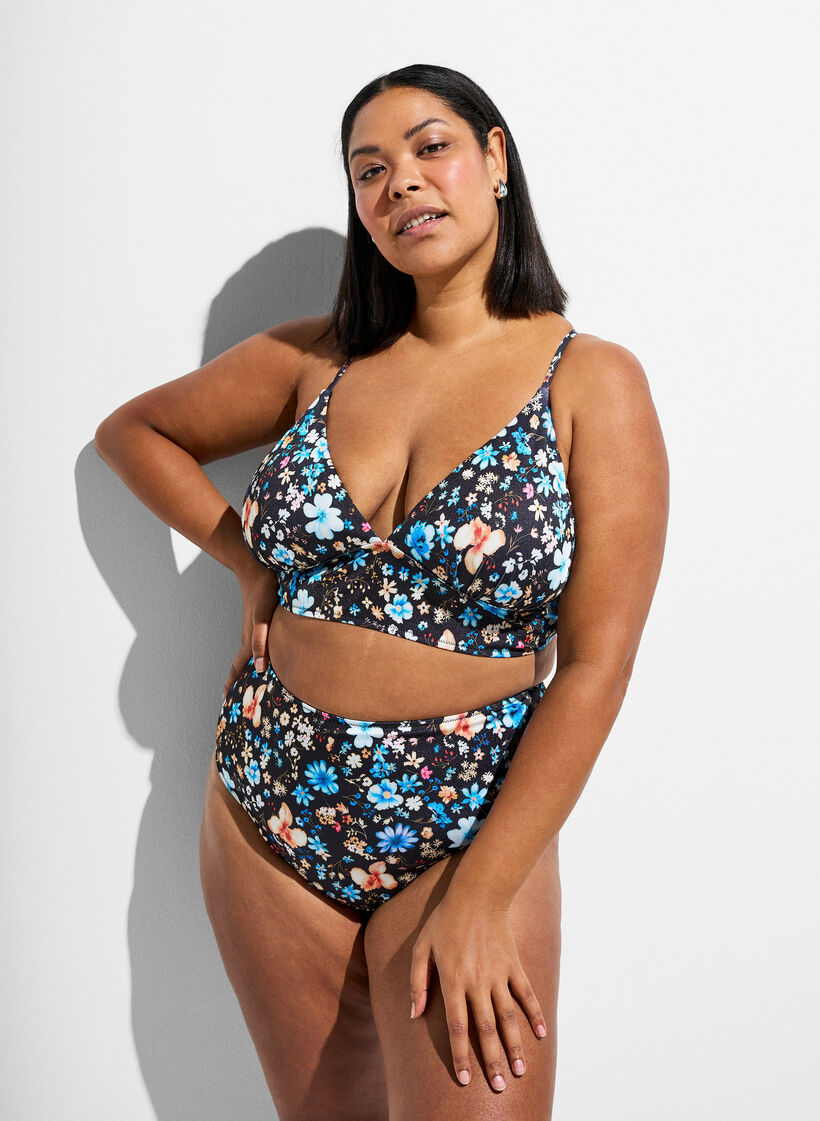 Floral bikini top with tie back, Blue, Model image number 0