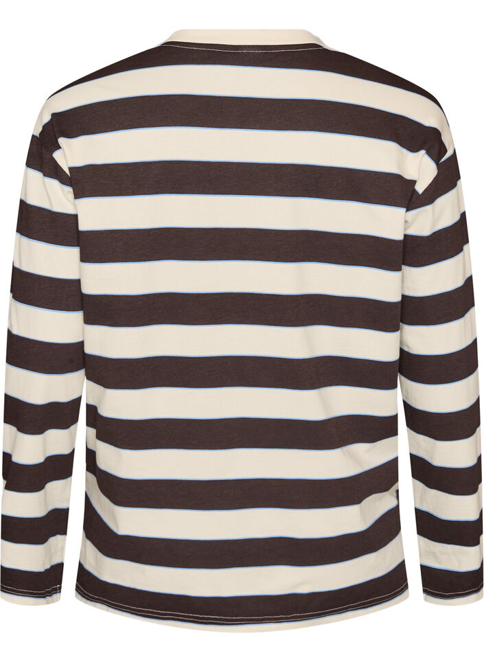 Striped jersey blouse with a sporty text print, Brown, Packshot image number 1