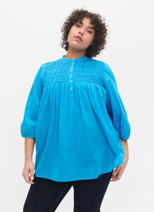 Cotton blouse with 3/4 sleeves and smock, Dresden Blue, Model image number 0