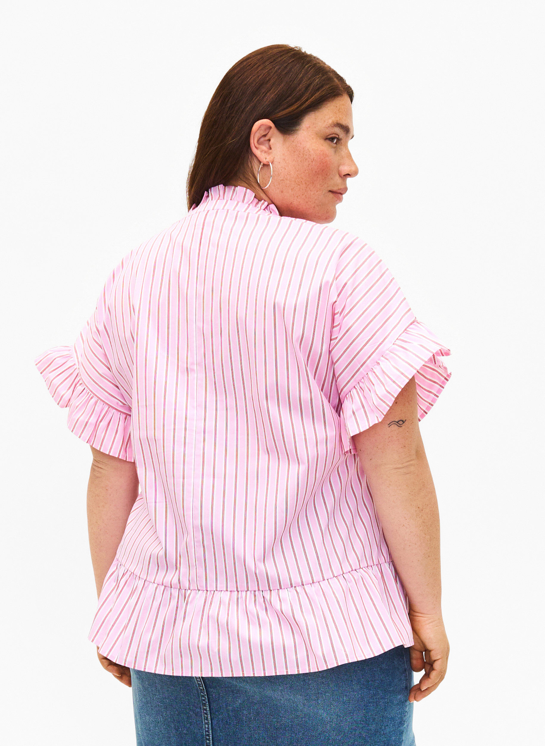 Zizzifashion Striped blouse with peplum and ruffle details, Pink Red Stripe, Model image number 1