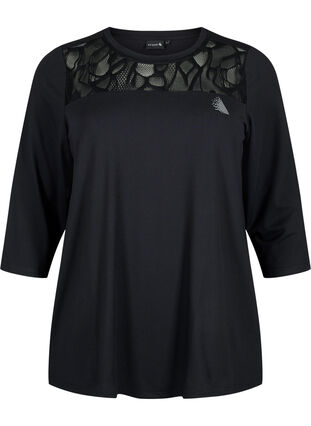 Workout t-shirt with 3/4 sleeves and patterned mesh, Black, Packshot image number 0