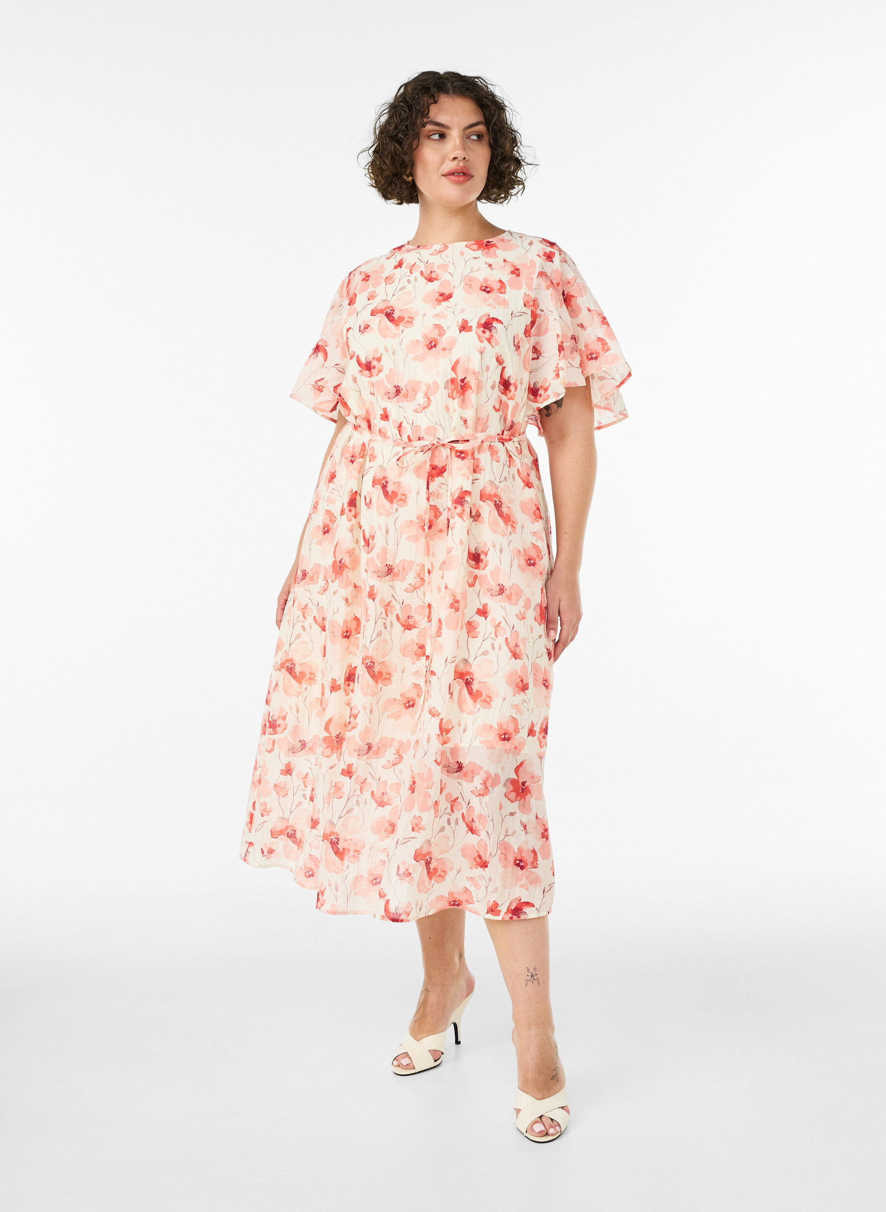 Ankle-length dress with flutter sleeves and a tie-waist, Rose, Model