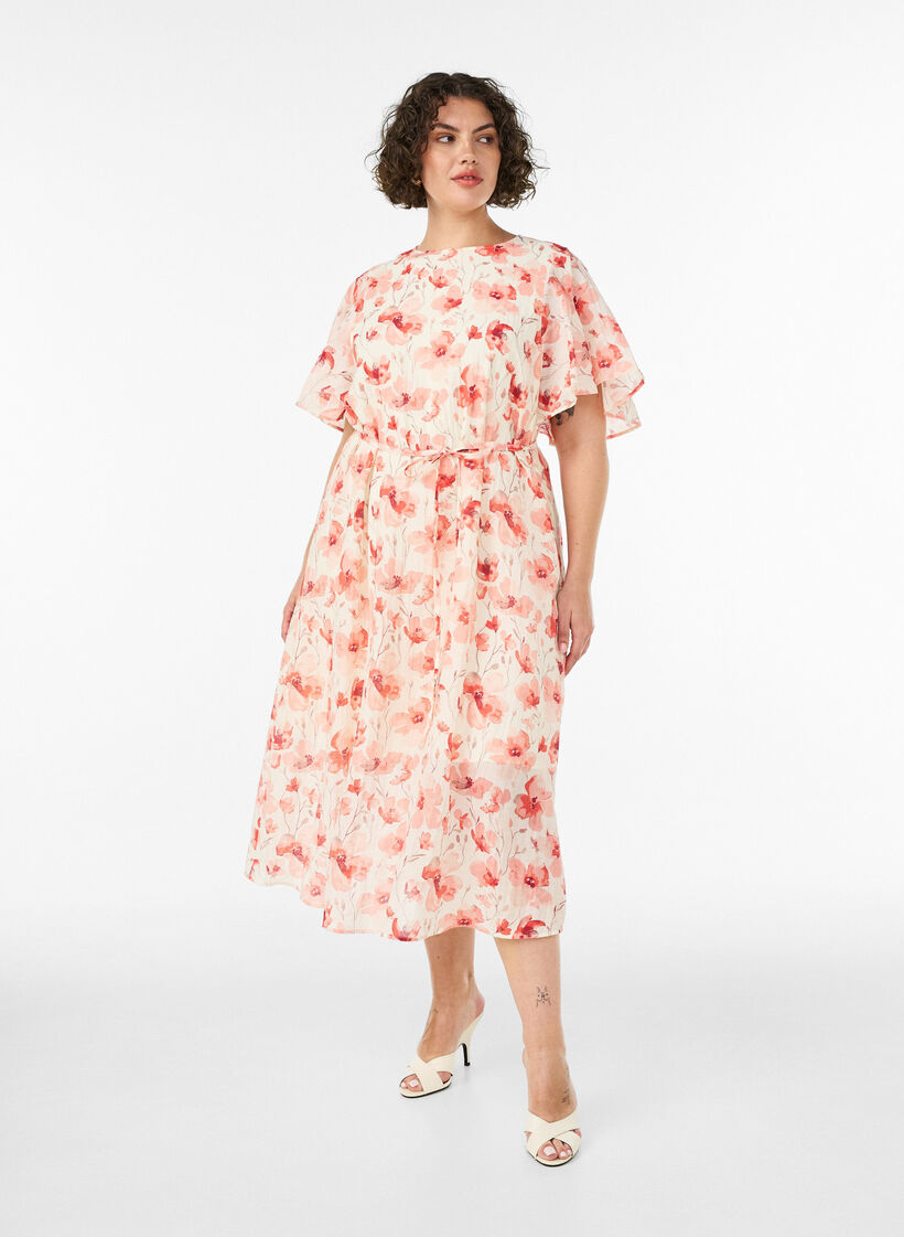 Ankle-length dress with flutter sleeves and a tie-waist, Rose, Model image number 0
