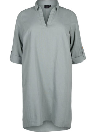Dress with a V-neck in cotton and linen, Chinois Green, Packshot image number 0