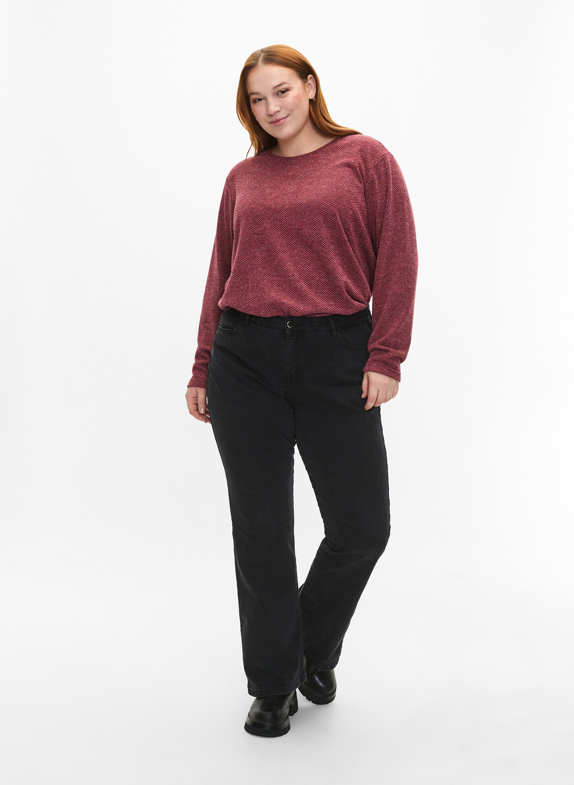 Zizzifashion Melange blouse with round neck and long sleeves, Dry Rose, Model image number 2