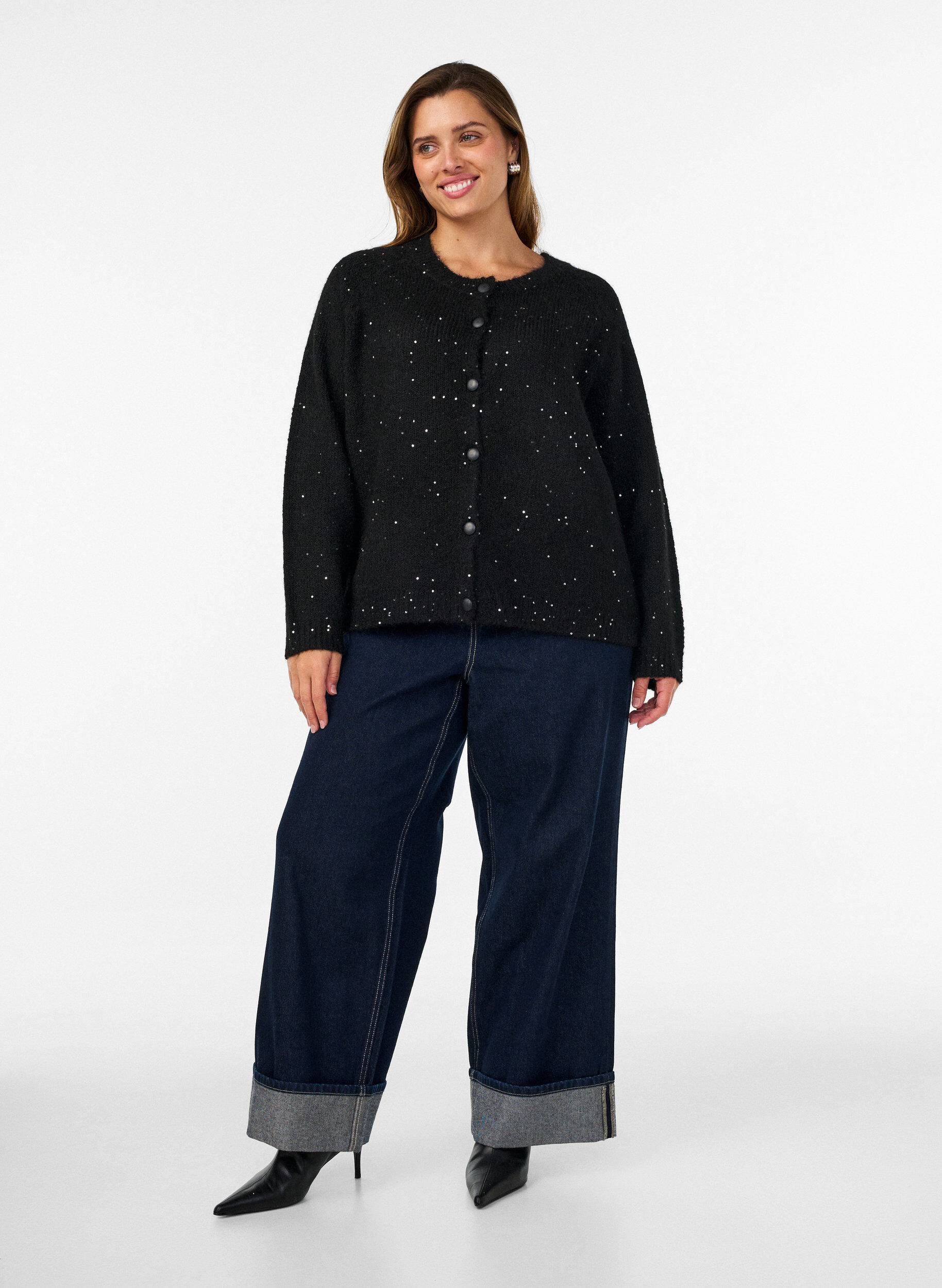 ZizzifashionCardigan with sequins and buttons, Black, Model image number 1
