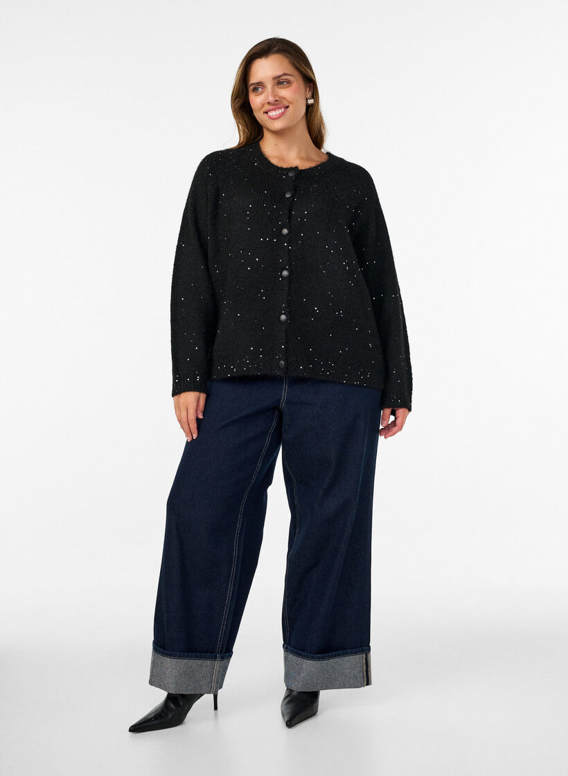 Cardigan with sequins and buttons, Black, Model image number 1