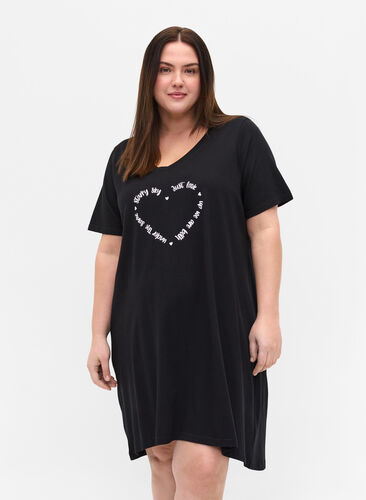 Short-sleeved cotton night dress, Black w. White HEART, Model image number 0