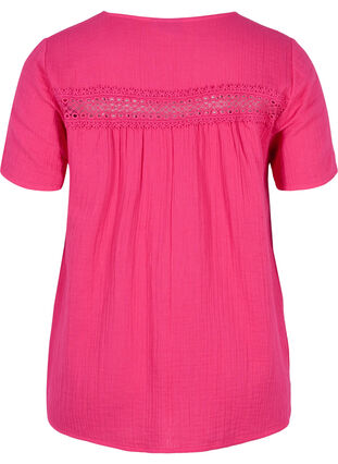 Short-sleeved cotton blouse with lace, Beetroot, Packshot image number 1