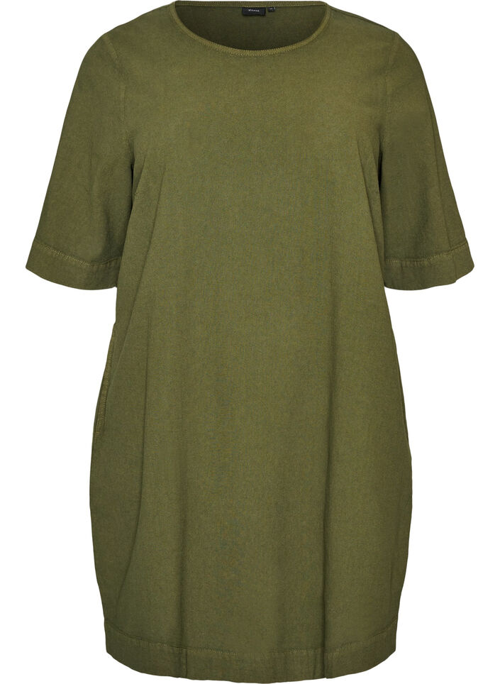 Cotton dress with short sleeves and pockets, Green, Packshot image number 0