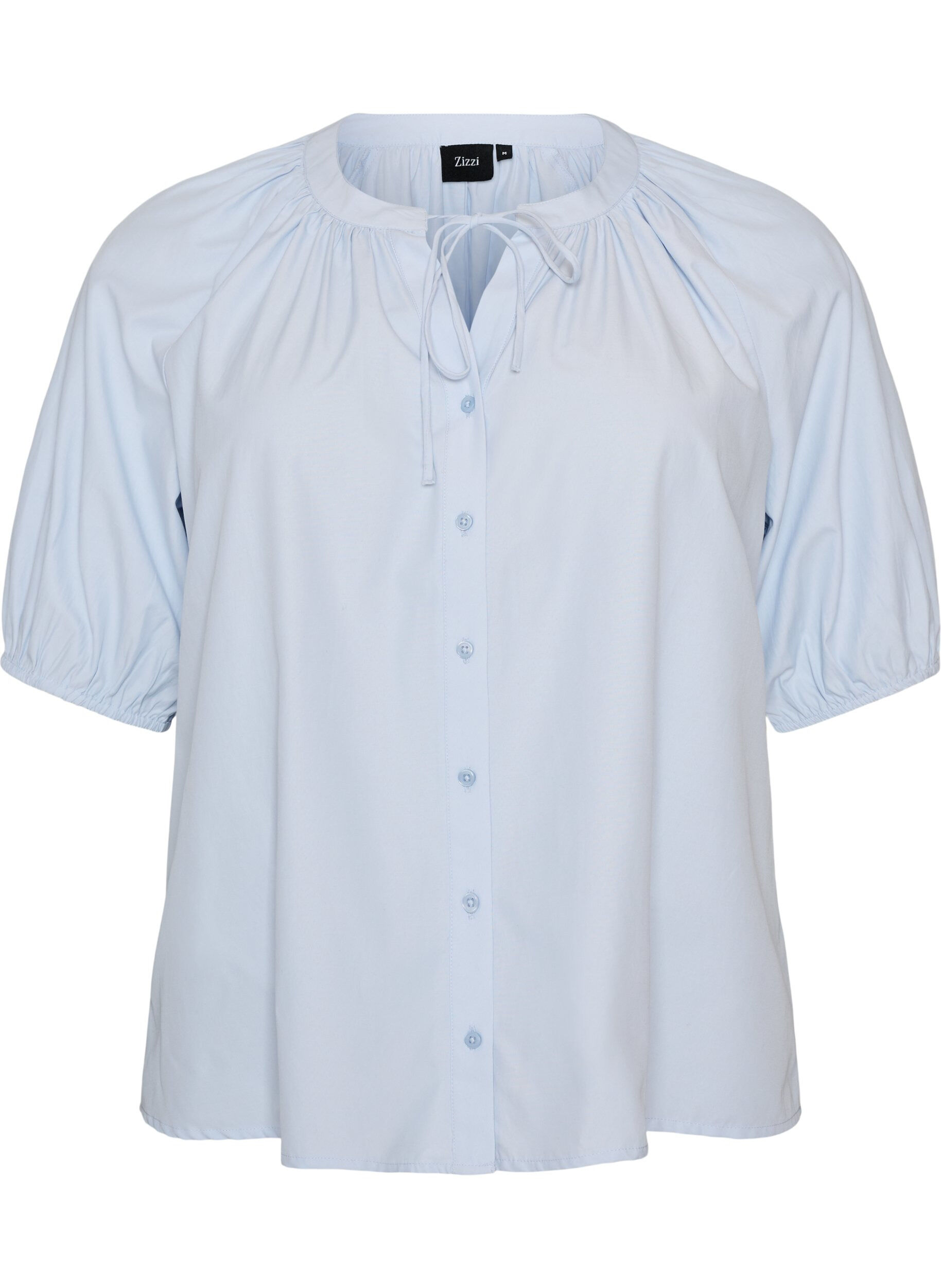 Shirt blouse with button fastening and tie-belt