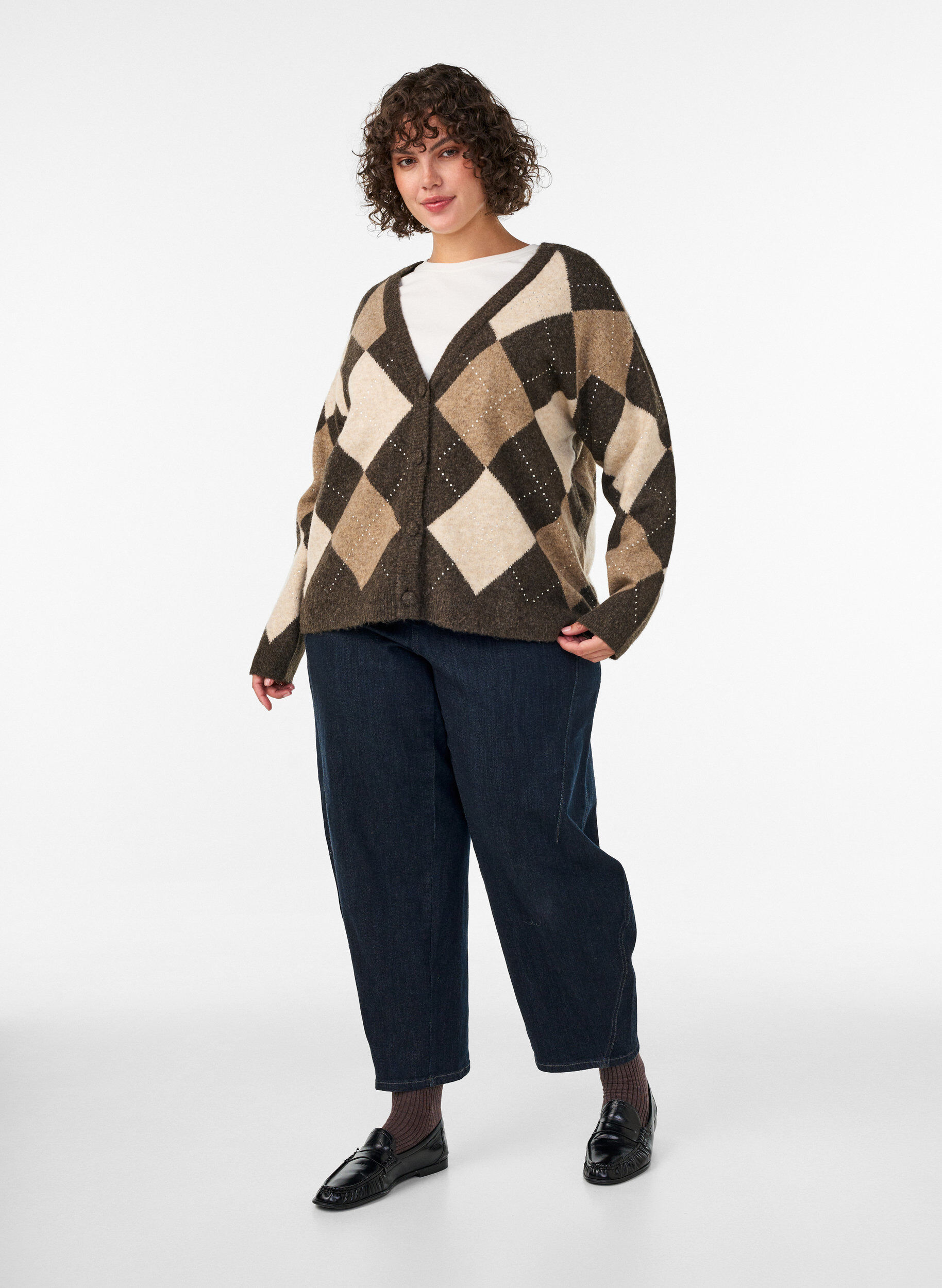 ZizzifashionArgyle cardigan with rhinestones, Brown, Model image number 1