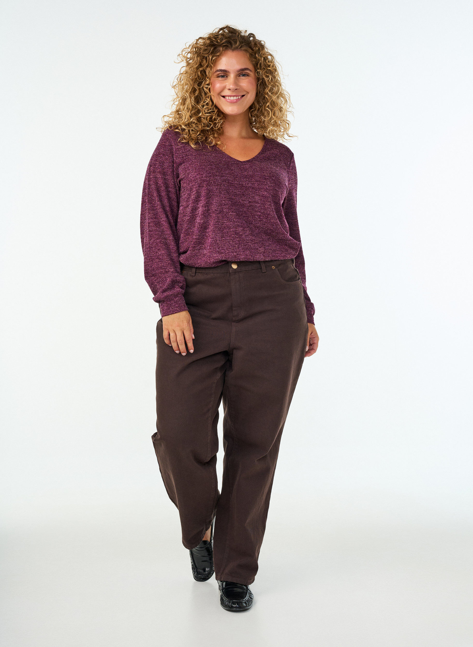 ZizzifashionJersey blouse with a V-neck and long sleeves, Dark Bordeaux, Model image number 1
