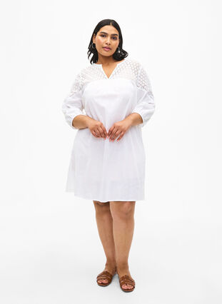 Dress in a cotton blend with linen and crochet detail, Bright White, Model image number 2