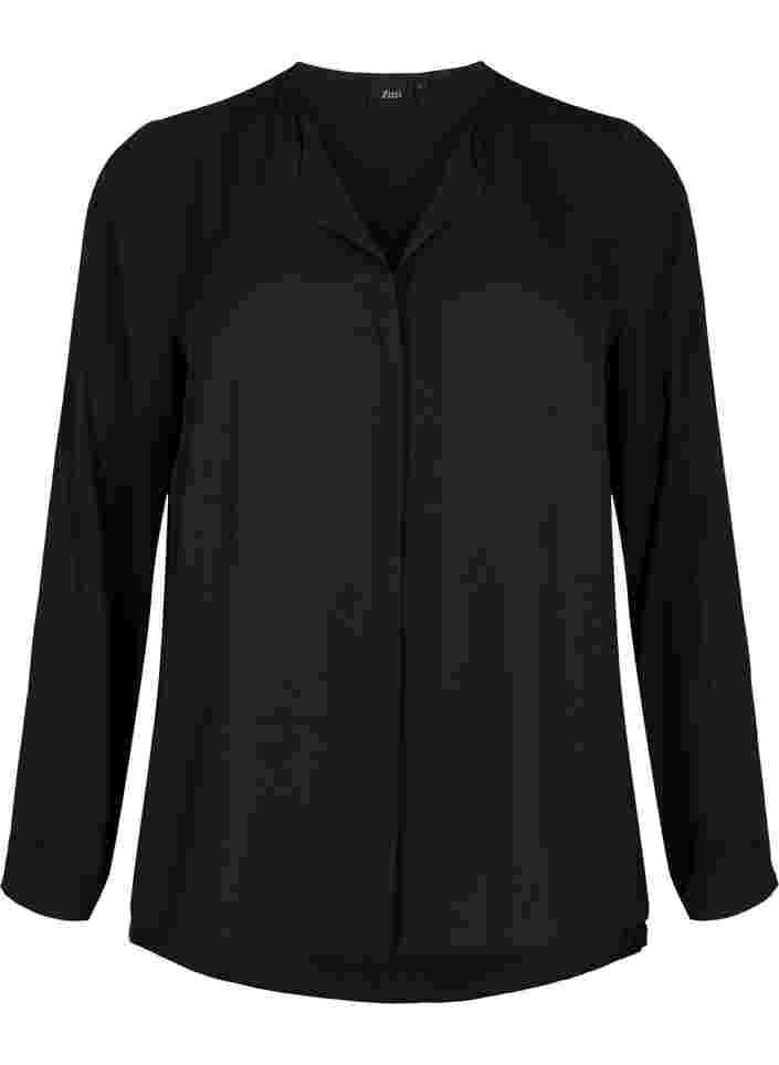 Solid colour shirt with v-neck, Black, Packshot image number 0