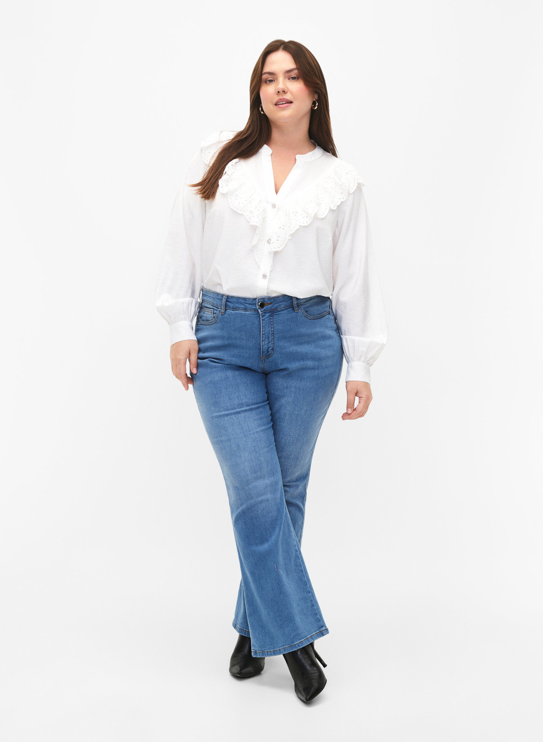 Zizzifashion Viscose shirt blouse with ruffles, Bright White, Model image number 2