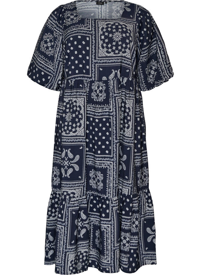 Ankle-length dress in viscose with paisley print and short sleeves, Blue, Packshot image number 0