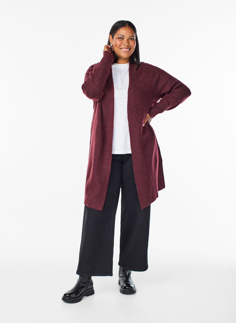 Long ribbed cardigan with an open front, Red, Model image number 1