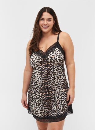 Night dress in leopard print with lace, Animal Print, Model image number 0