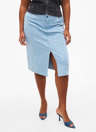 Denim skirt with slit and sequins, Light Blue Denim, Model image number 2