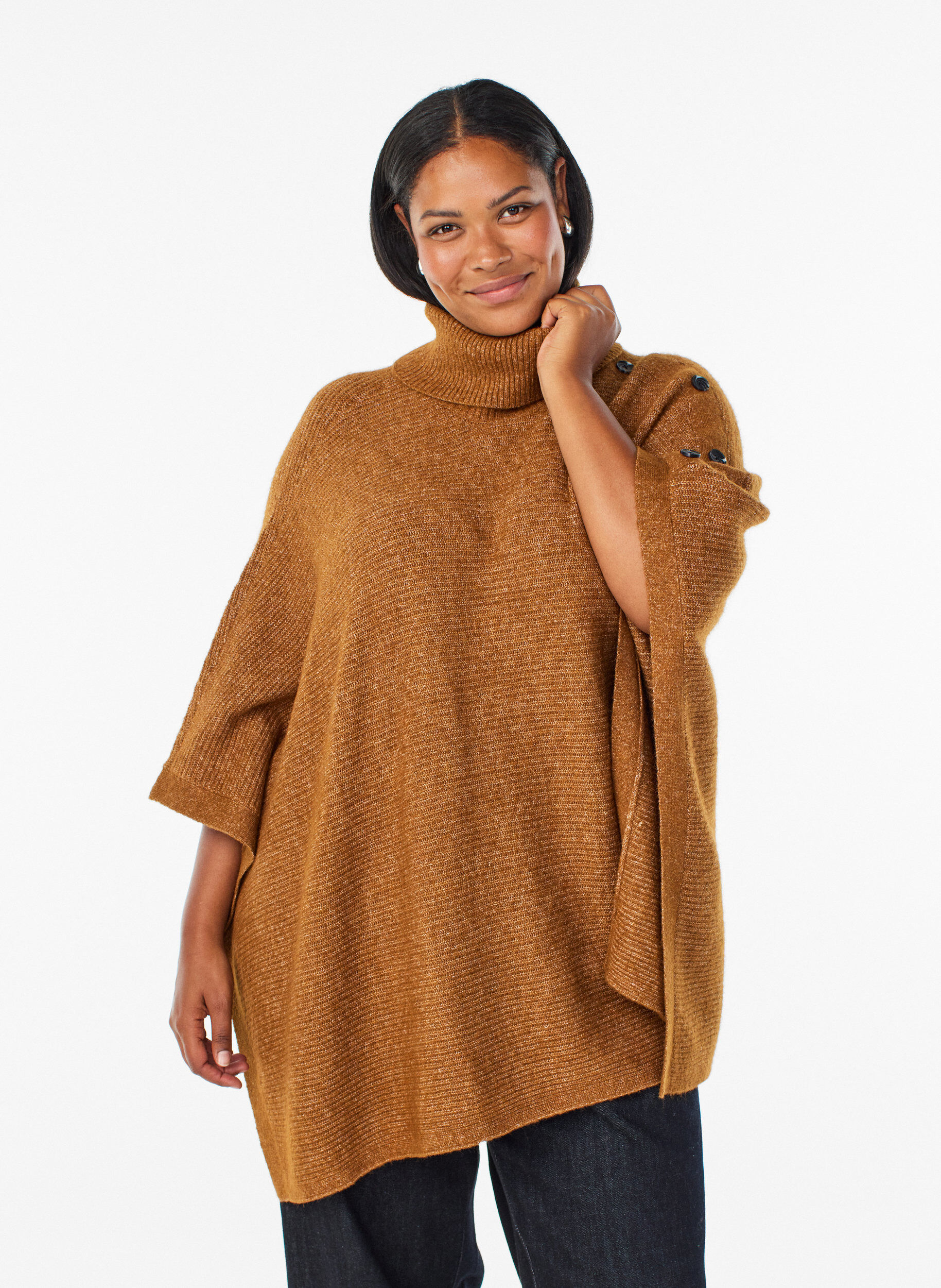Poncho with turtleneck and button detail, Brown, Model
