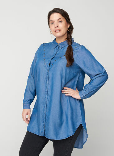 Long-sleeved lyocell tunic with studs, Blue denim, Model image number 0