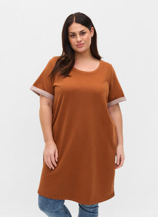 Loose-fitting sweater dress with short sleeves, Argan Oil, Model image number 0